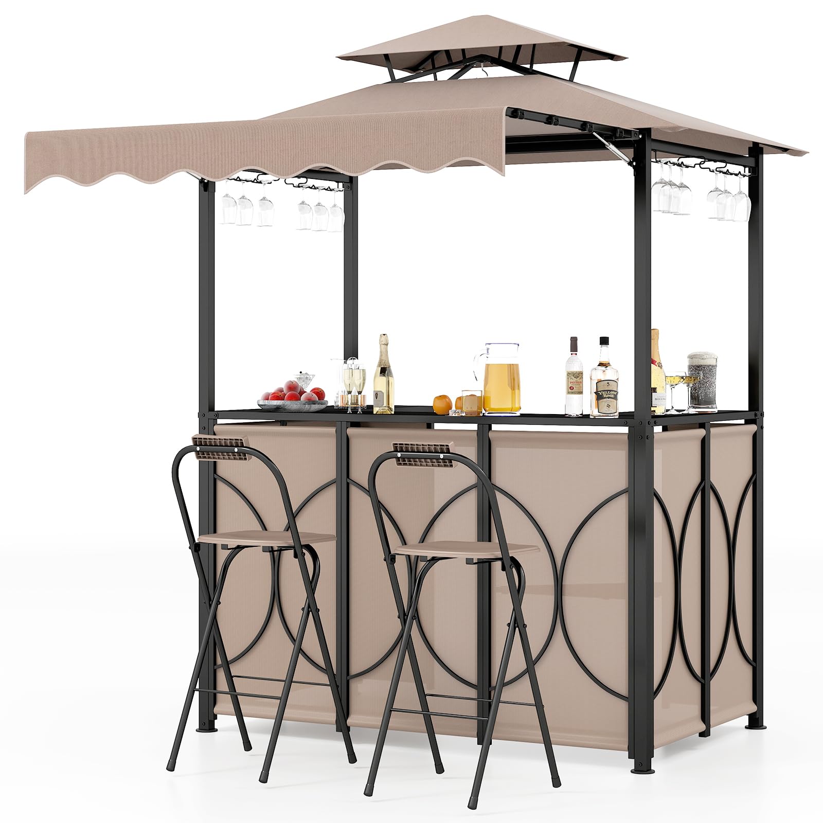 Tangkula 3 Piece Patio Bar Set, Grill Gazebo & 2 Foldable Bar Stools with Awning, Metal Storage Shelves, Glass Holders, Double-Tier Outdoor Shelter for Patio Poolside Garden Backyard (Coffee)