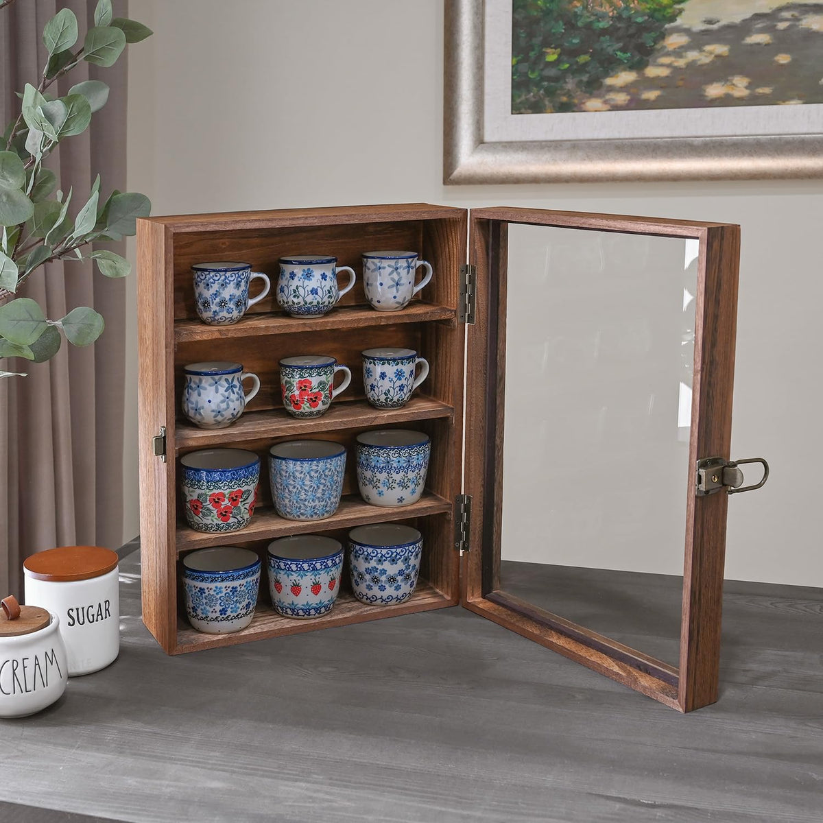 Wall-Mounted Wood Display Case with Glass Door and Lock