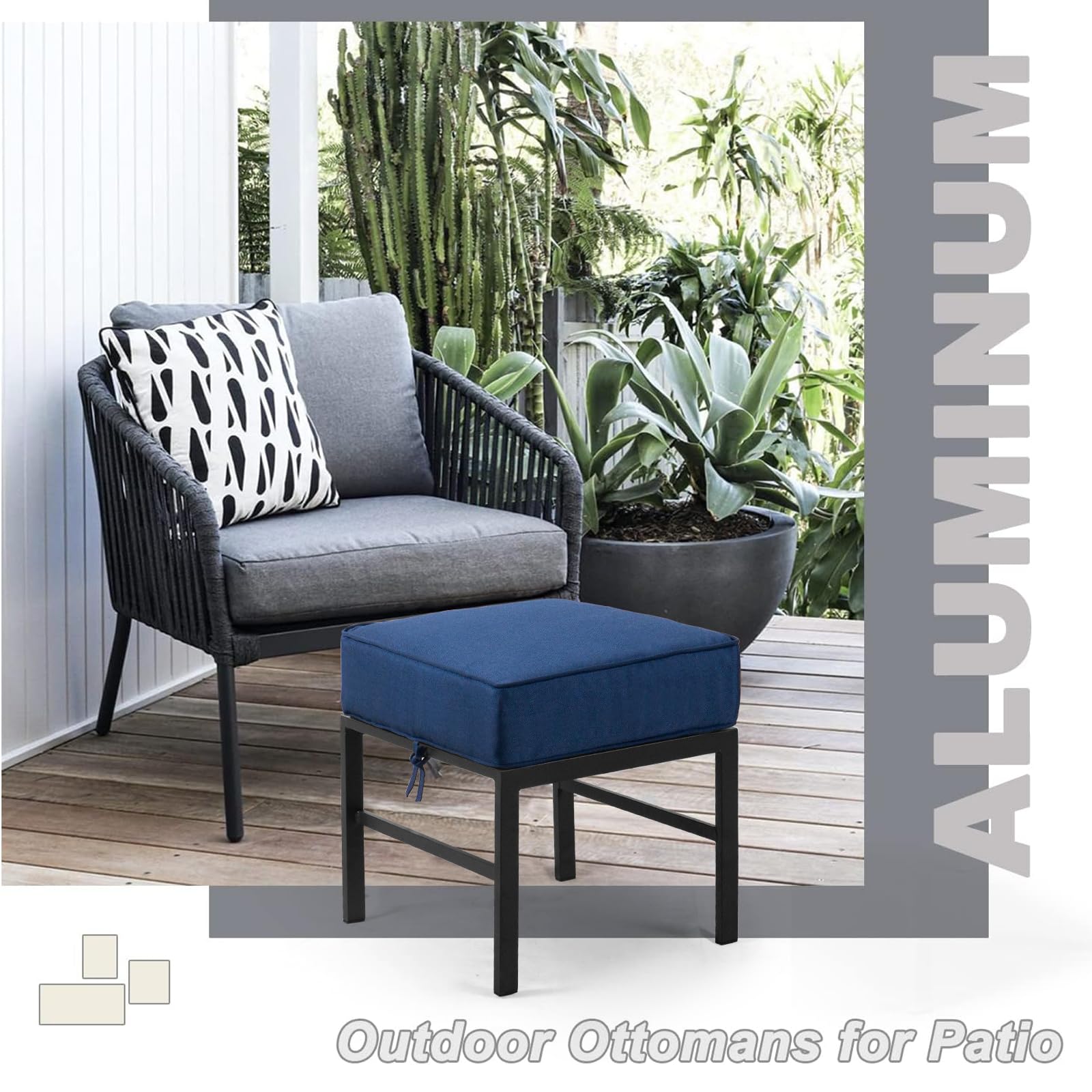 Outdoor Aluminum Patio Ottomans with Cushions – Set of 2