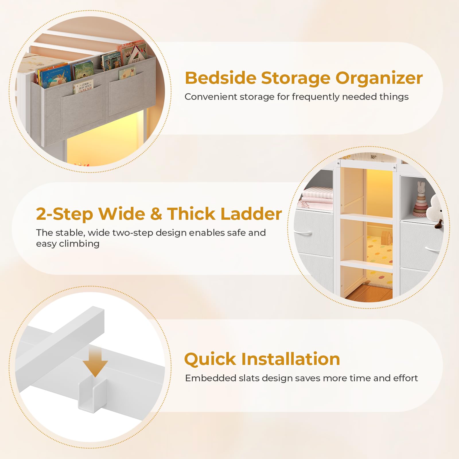 Kids Low Loft Bed Twin with Storage Drawers & LED Lights