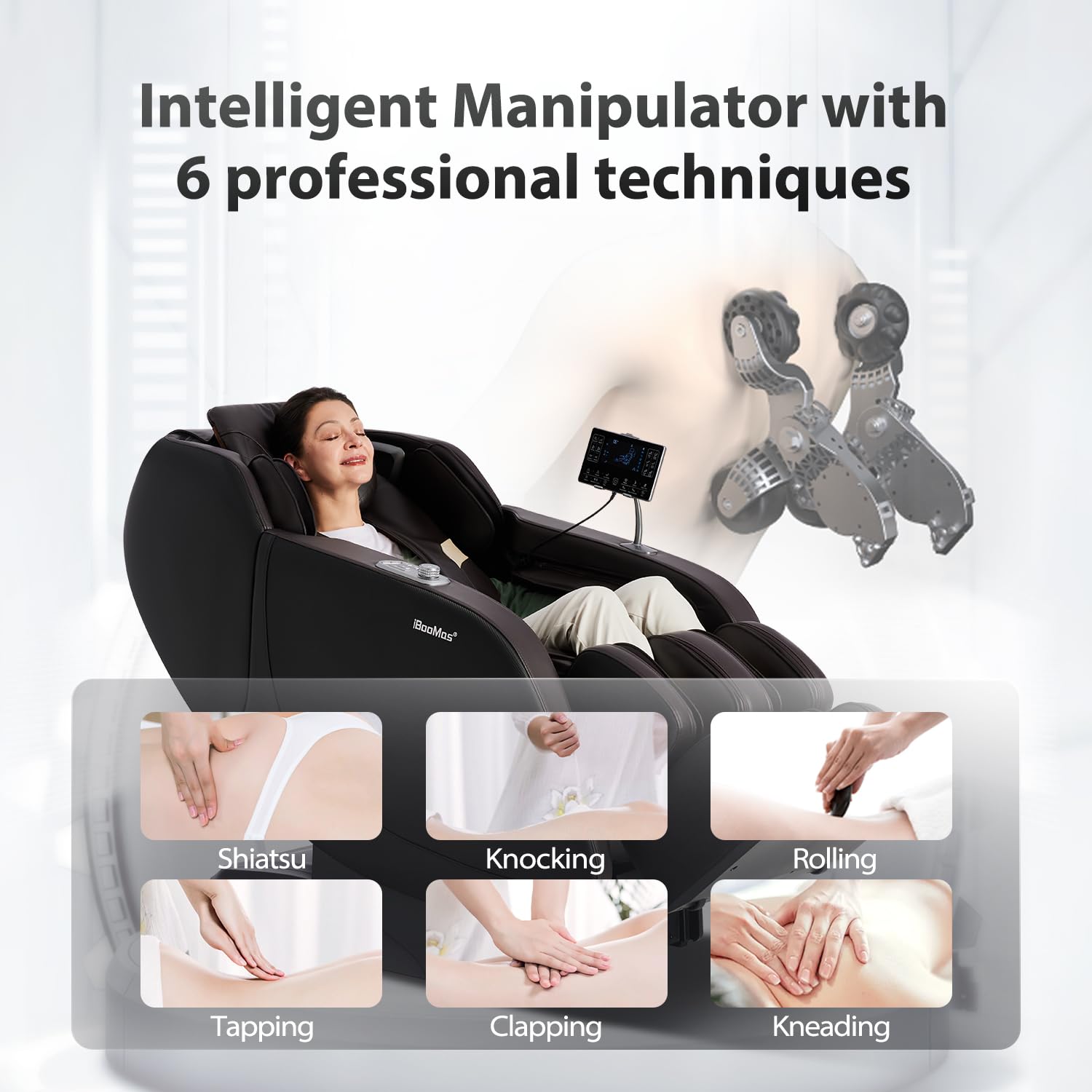 iBooMas 2026 Massage Chair Full Body, 5 Heating Zones for Daily Pain Relief, Zero Gravity 54'' SL-Track, Body Scan, 18 Auto & Manual Modes, Foot Roller, Thai Stretch, Airbags (Black & Brown)