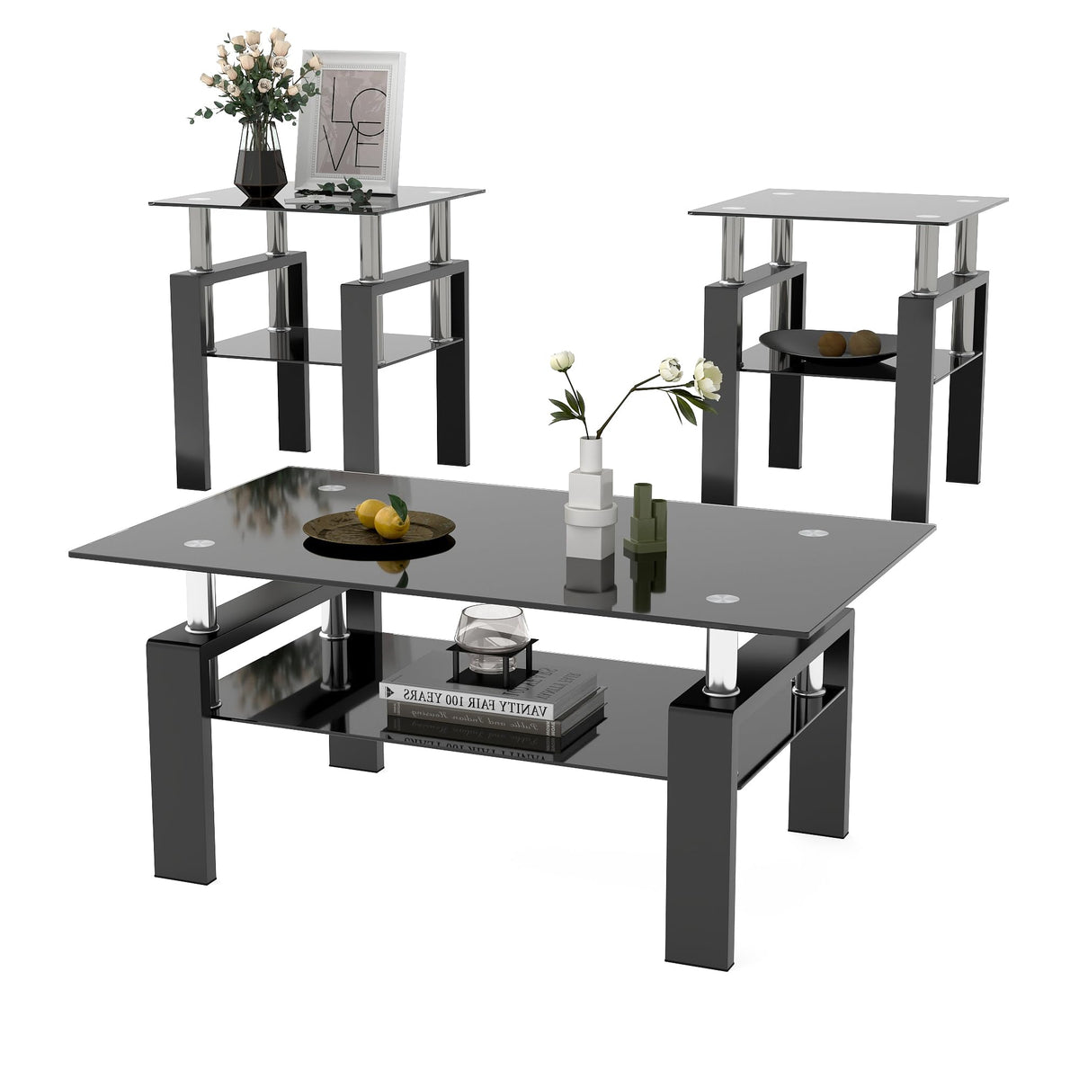 IANIYA Modern Tempered Glass Coffee Table Set - 3 Piece Living Room Table Set - Coffee Table and End Table Set of 3 for Living Room, Office, Apartment, Small Space, Black