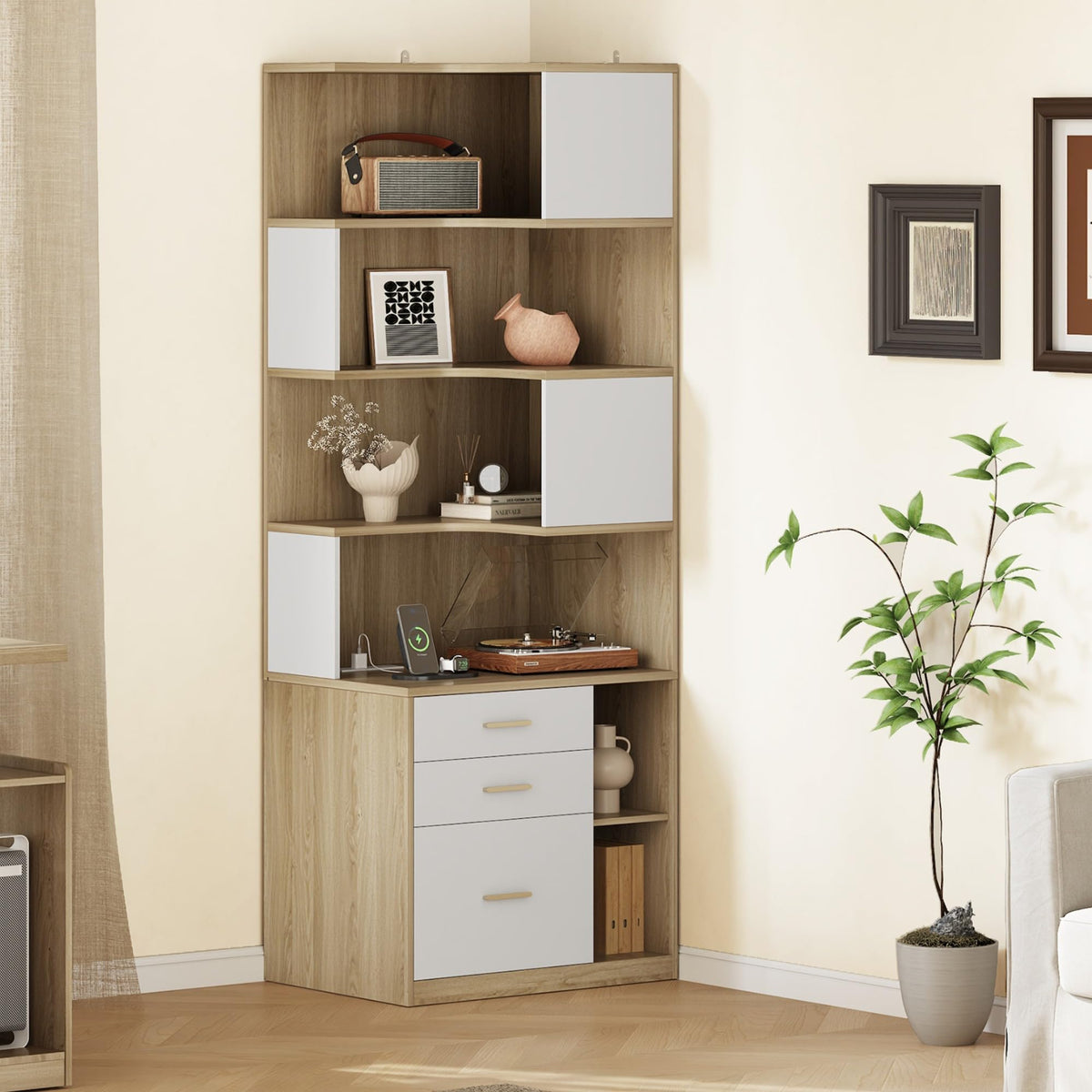 Corner Bookshelf with Drawers & Charging Ports