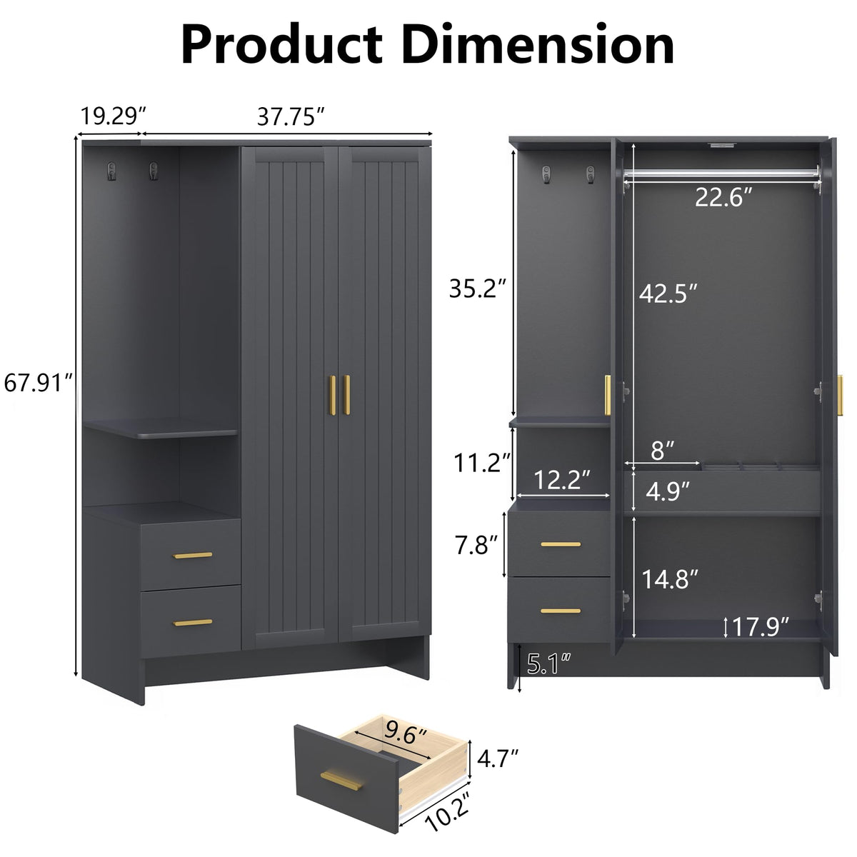 Black Wardrobe Closet with Drawers