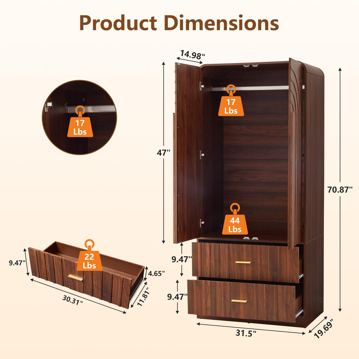 ORRD Freestanding Armoire Wardrobe Closet with Arched Fluted 2 Doors and 2 Storage Drawers, Large Capacity Wardrobe Cabinet Bedroom Organizer for Clothes, Blankets and Accessories, Walnut