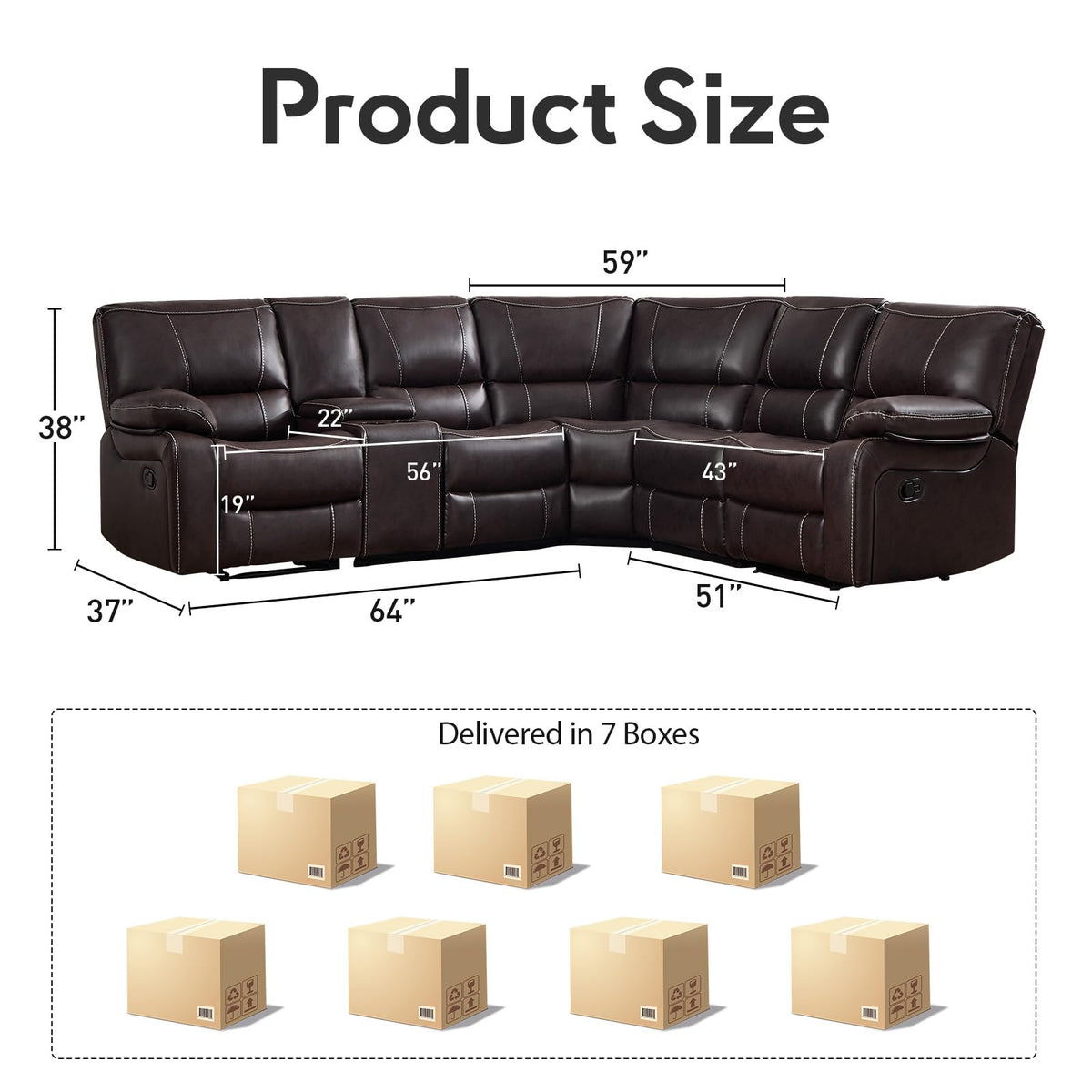 Bonzy Home Manual Recliner Sectional Sofa with Storage Console, Brown