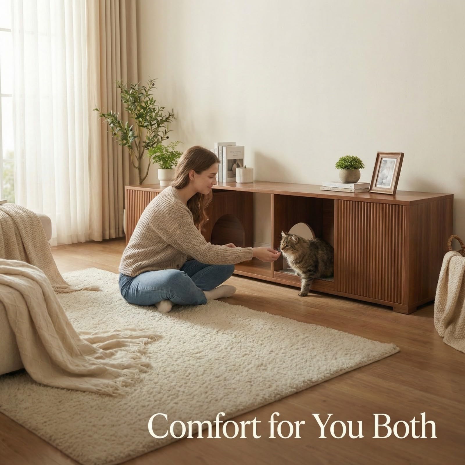 VELTENOVAIRE Extendable TV Stand with Cat House & Built-in Scratcher, Mid-Century Modern Wood Media Console for TVs up to 85+ Inches, Fluted Doors & Hidden Storage for Living Room, Walnut