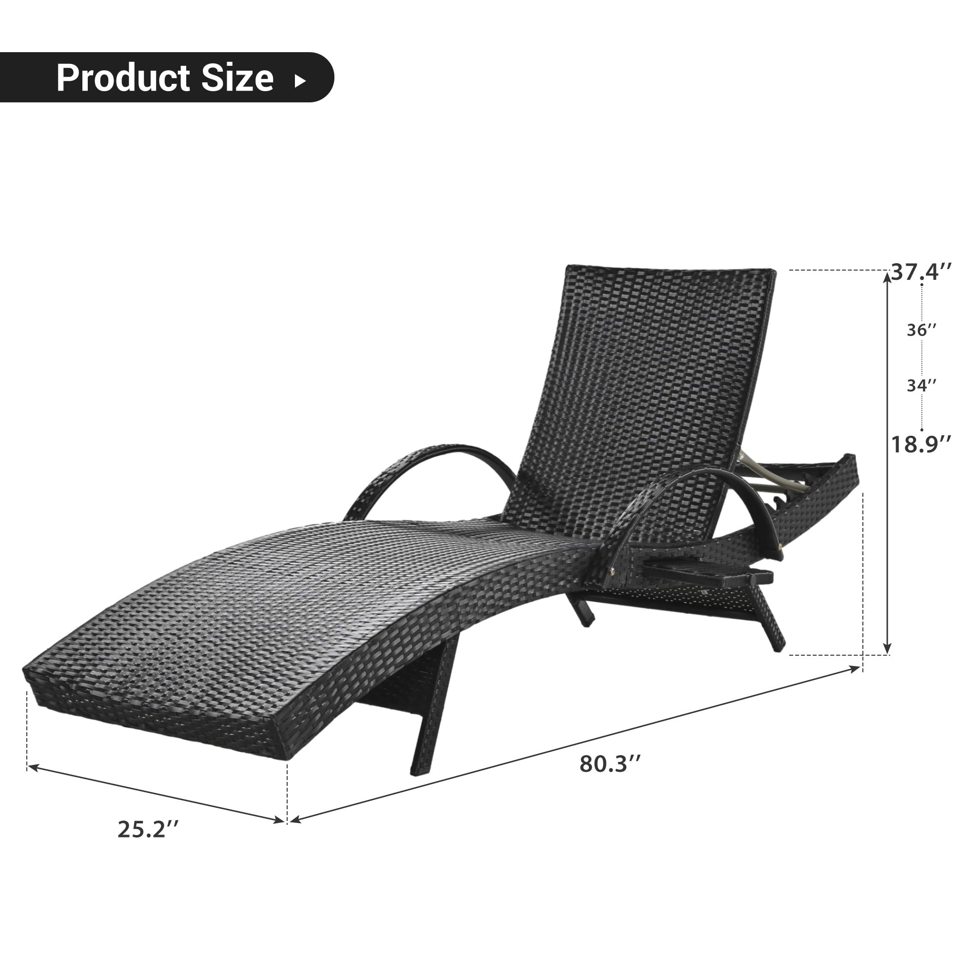 Outdoor Reclining Chaise Lounge Set of 2 with Pull-Out Side Table