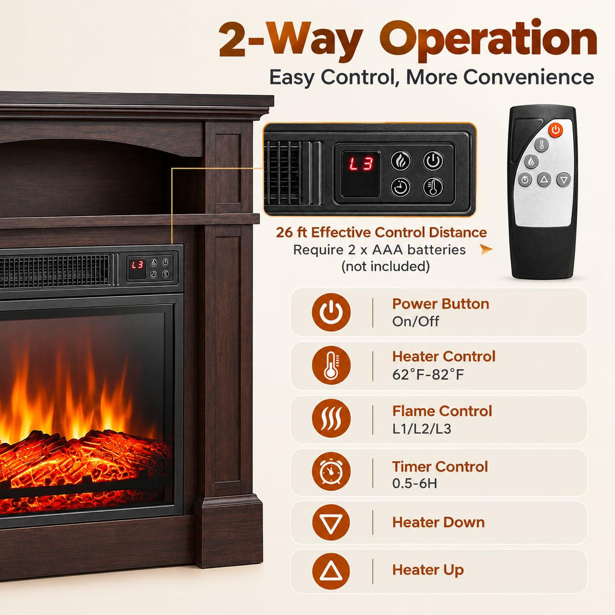 SIMOE 32-Inch Electric Fireplace with Mantel, Storage Cabinet, Brown