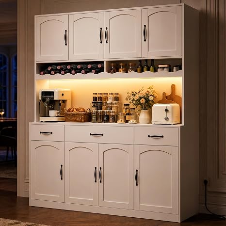 72" Tall Kitchen Pantry Cabinet with LED Light & Charging Station