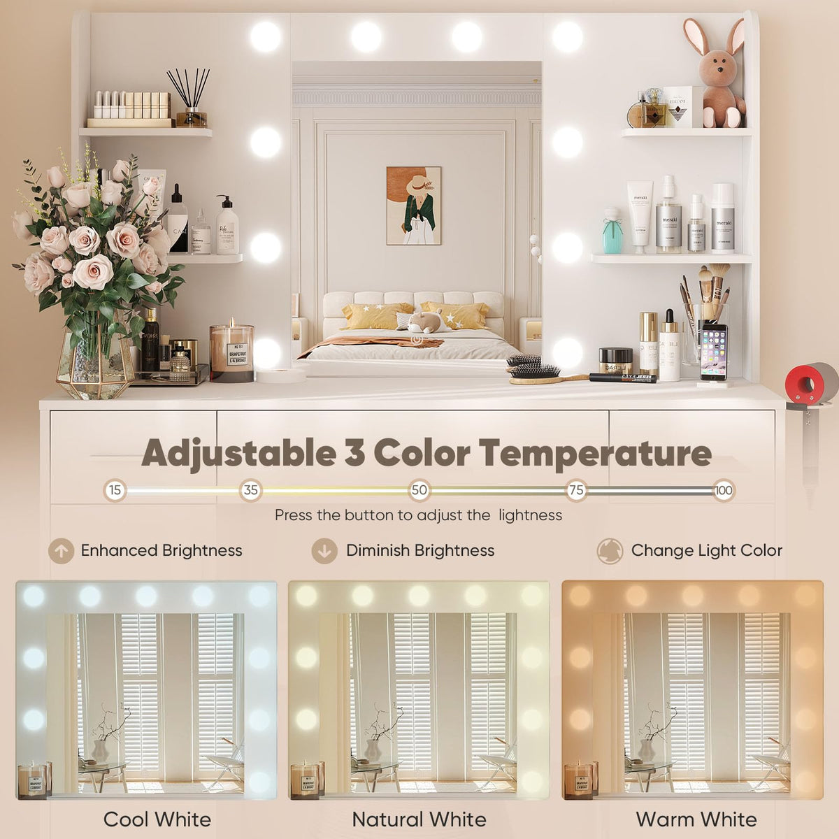 OLIXIS Vanity Desk with Mirror and LED Bulbs, Power Outlet Makeup Table with 3 Drawer & 2 Storage Cabinet, 3 Adjustable Lighting, Modern Ample Storage Dressing Table for Bedroom, White