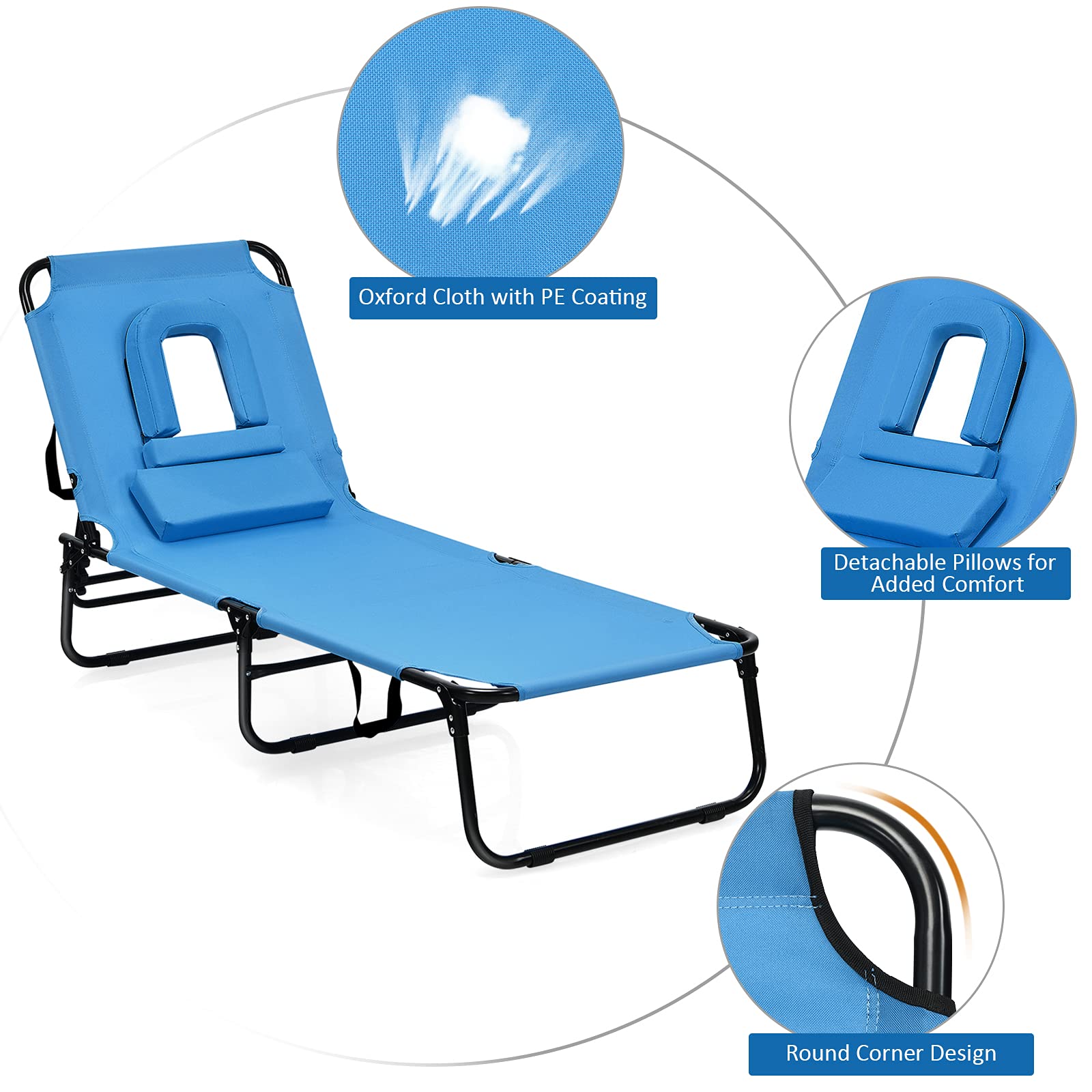 Folding Beach Lounge Chair with 5-Position Adjustable Backrest & Padded Pillows