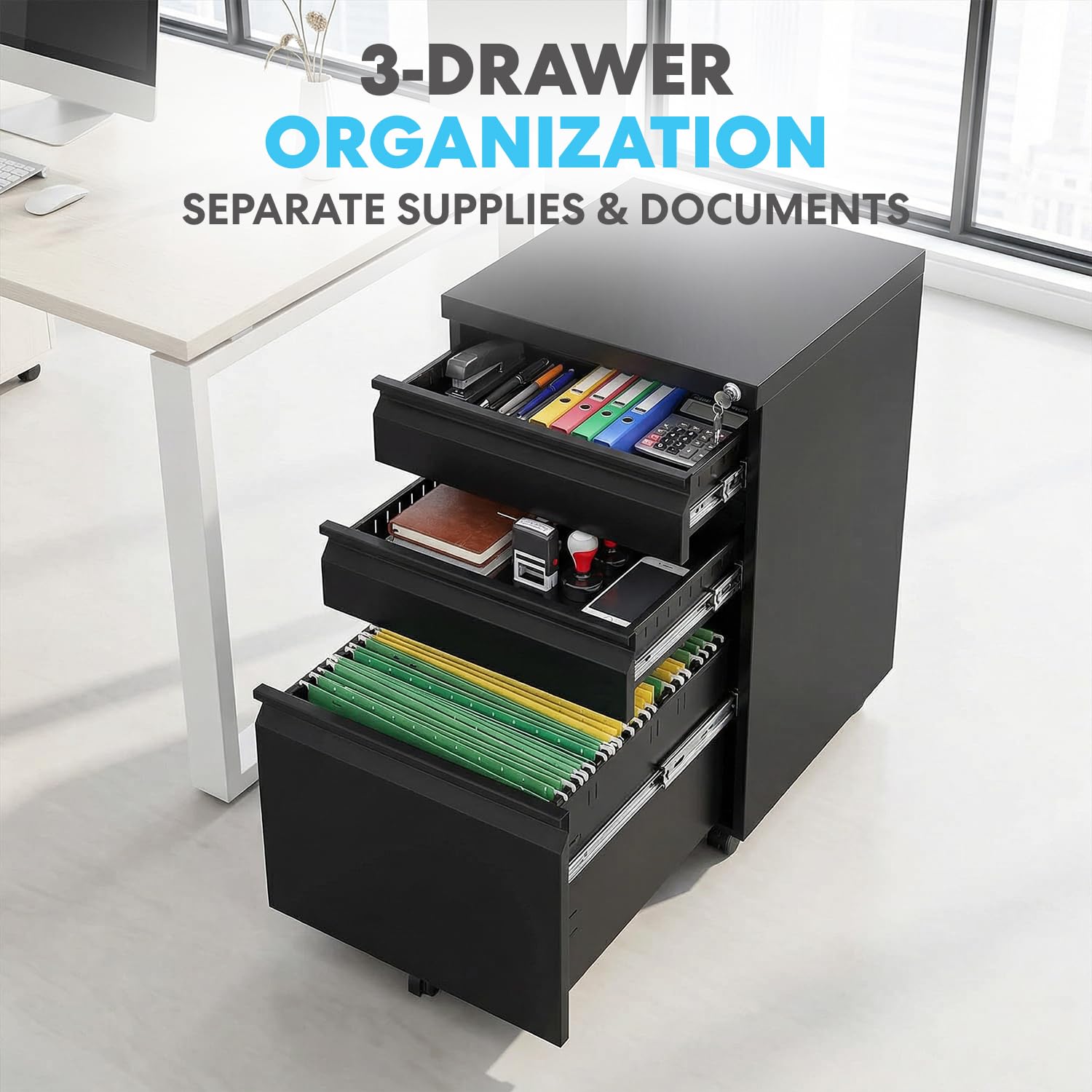 3-Drawer Rolling Metal File Cabinet with Lock