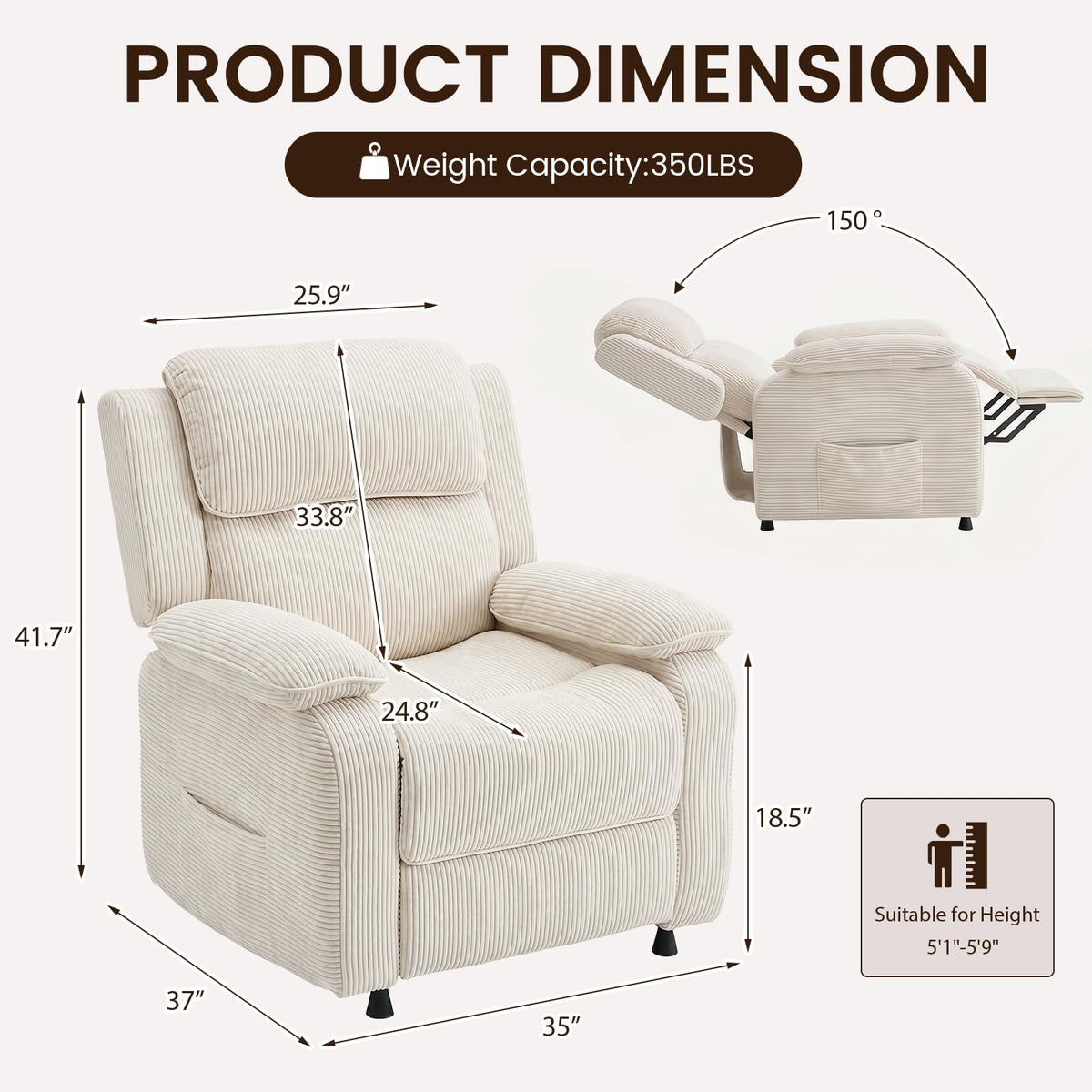 EROMMY Electric Recliner Chair, Oversized Power Recliner with USB Charging Port & Side Pockets, Heavy Duty Corduroy Reclining Sofa Chair, Wide Seat Living Room Chair for Adults, Beige