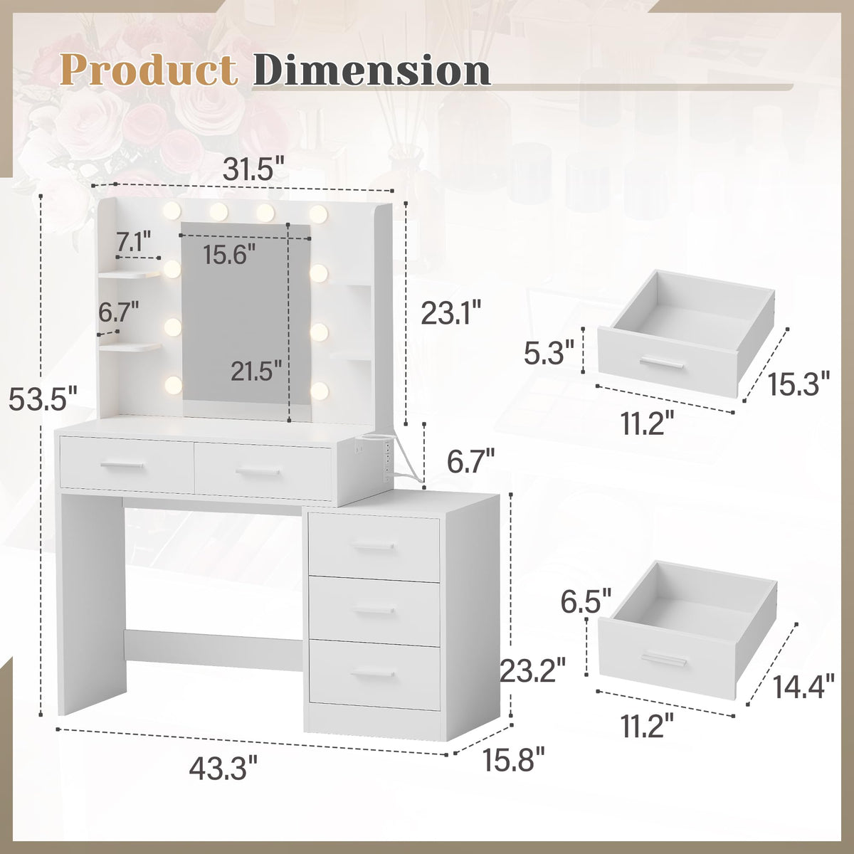 Lighted Makeup Vanity with Charging Station