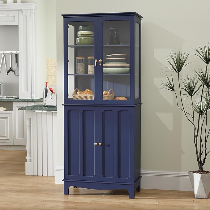 Glass Door Kitchen Pantry Cabinet with Adjustable Shelves