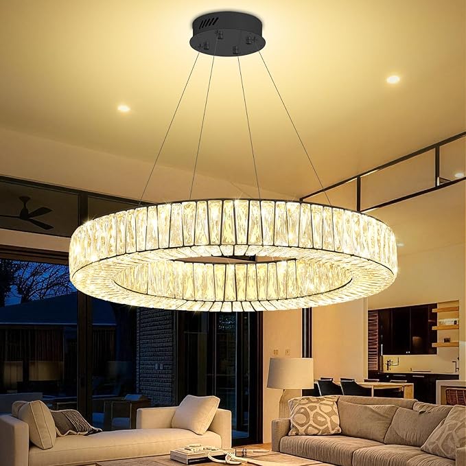 LED Crystal Ring Chandelier | Dimmable Pendant Light, 16"-32"