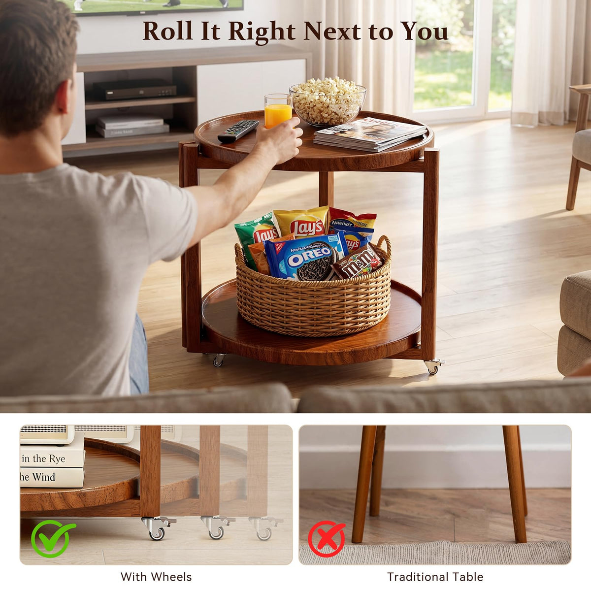Round Wood Rolling Side Table