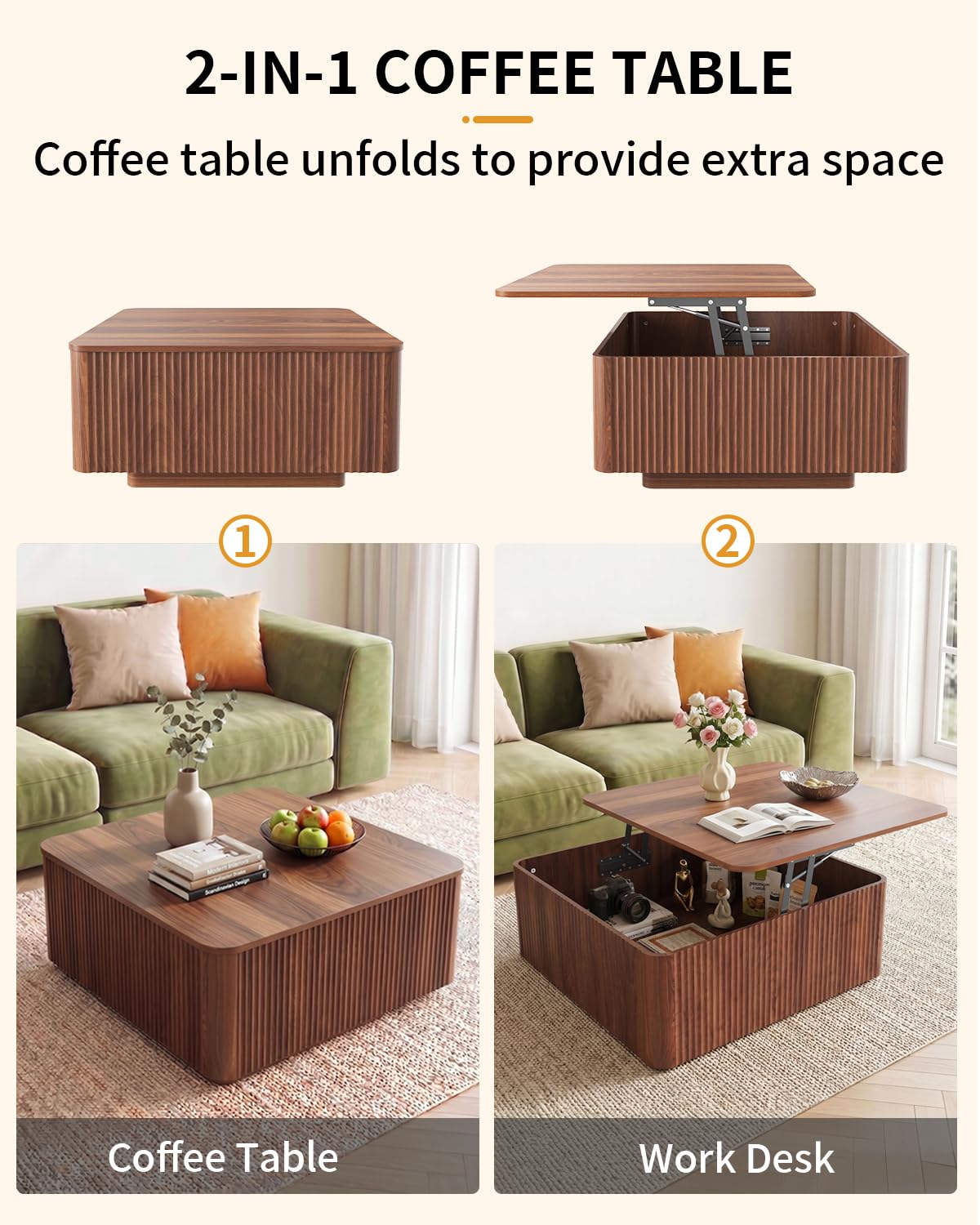 ASDHVCCO Lift Top Coffee Table, Farmhouse Square Fluted Center Table, 31.5" Modern Wooden Tea Table with Hidden Storage LED for Living Room, Apartment, Small Spaces, Walnut