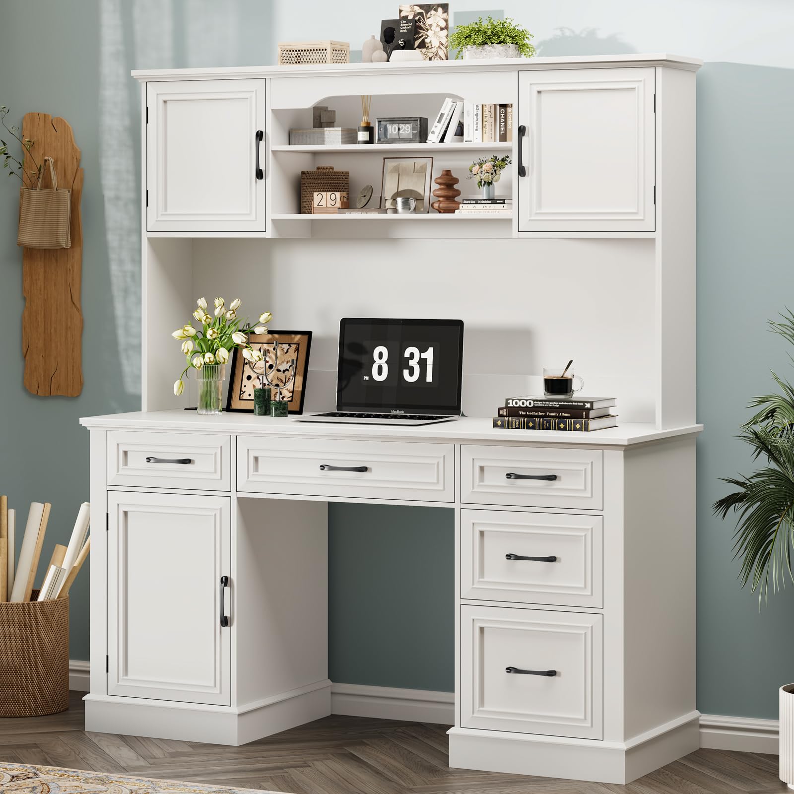 67" H Farmhouse Executive Desk with Hutch.Wood Workstation with 5 Drawers,Storage Cabinet,File Drawers and Charging Station, Ideal as Office Desk,Computer Desk for Home Office, Study. Cream White