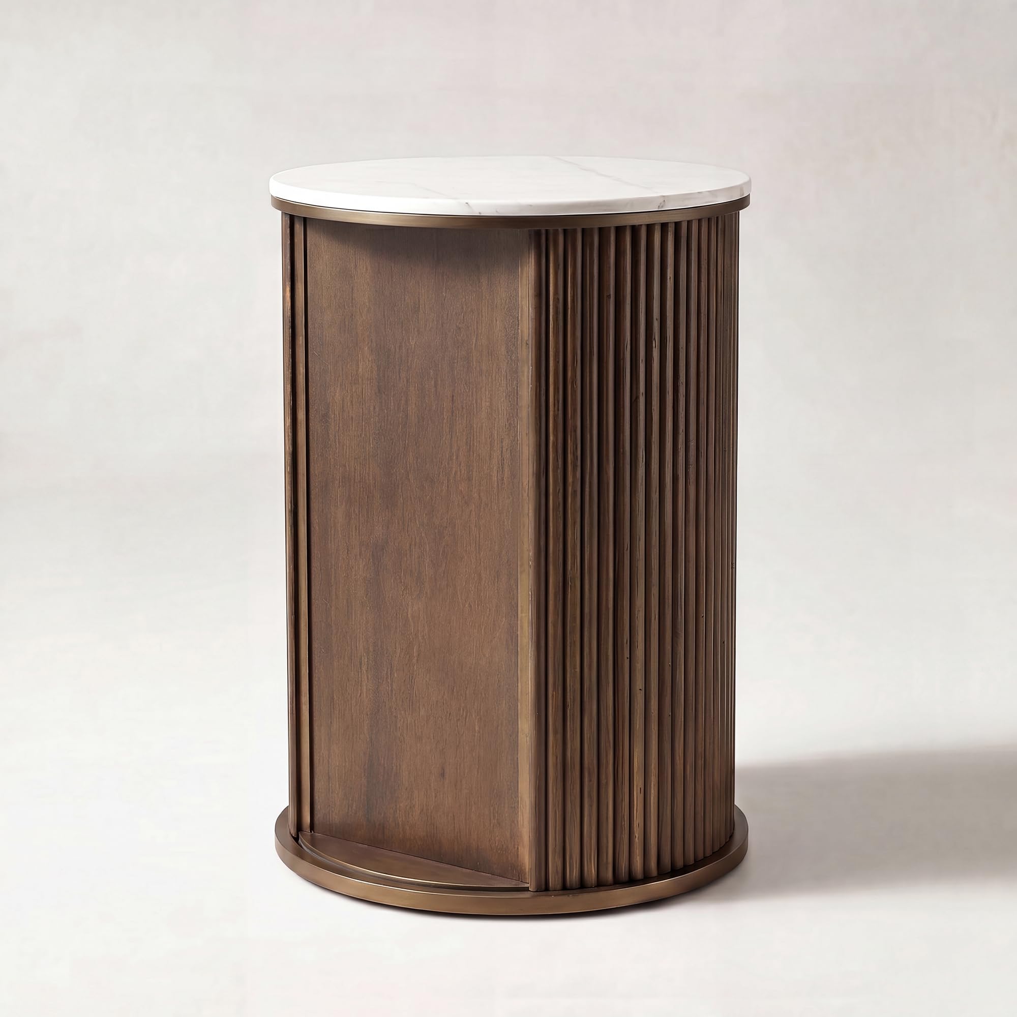 Farati Round Fluted End Table with Storage, Dark Walnut Side Table with White Sintered Stone Top, Sliding Tambour Door Nightstand, 17.4 Inch Small Accent Stand for Living Room Bedroom