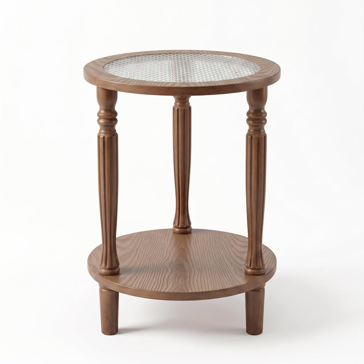 Huquczm Walnut Brown Round 2‑Tier French Vintage End Table with Glass