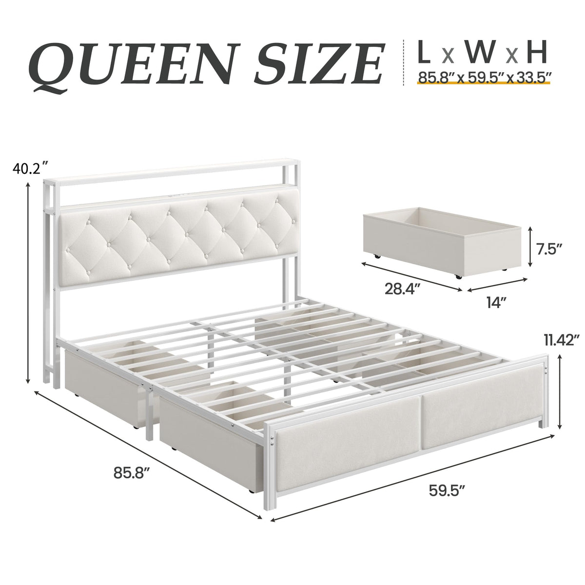 Fluest Queen Bed Frame with 4 Drawers, Upholstered Headboard with Storage, Charging Station, LED Lights, No Box Spring Needed, Easy Assembly, Beige