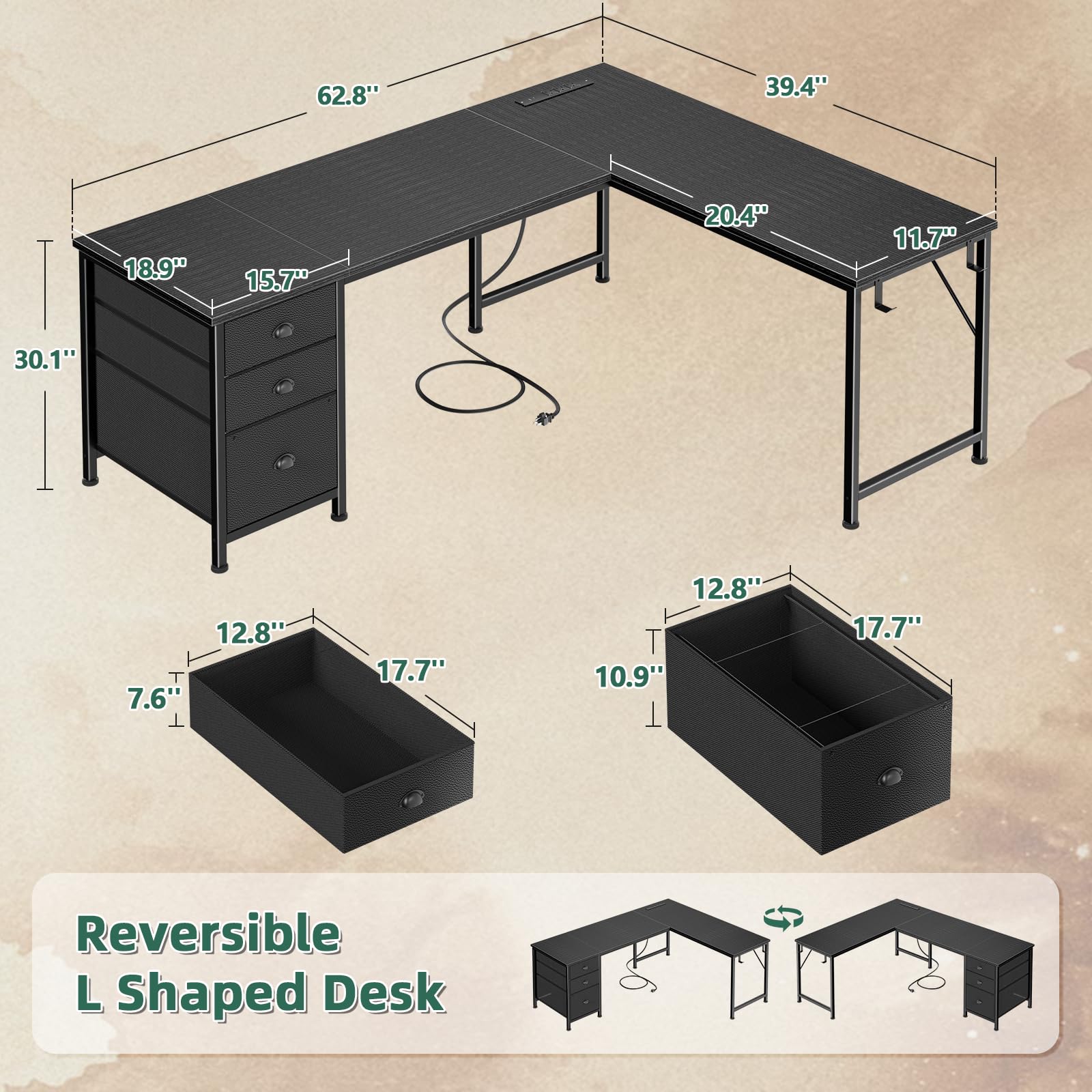 Furologee 63" L Shaped Computer Desk with Power Outlet & USB-C Port, Reversible Home Office Desk with 2 Fabric Drawers, File Cabinet, Hooks, Large Corner Table for Gaming, Writing, Work, Black