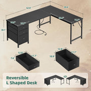 Furologee 63" L Shaped Computer Desk with Power Outlet & USB-C Port, Reversible Home Office Desk with 2 Fabric Drawers, File Cabinet, Hooks, Large Corner Table for Gaming, Writing, Work, Black