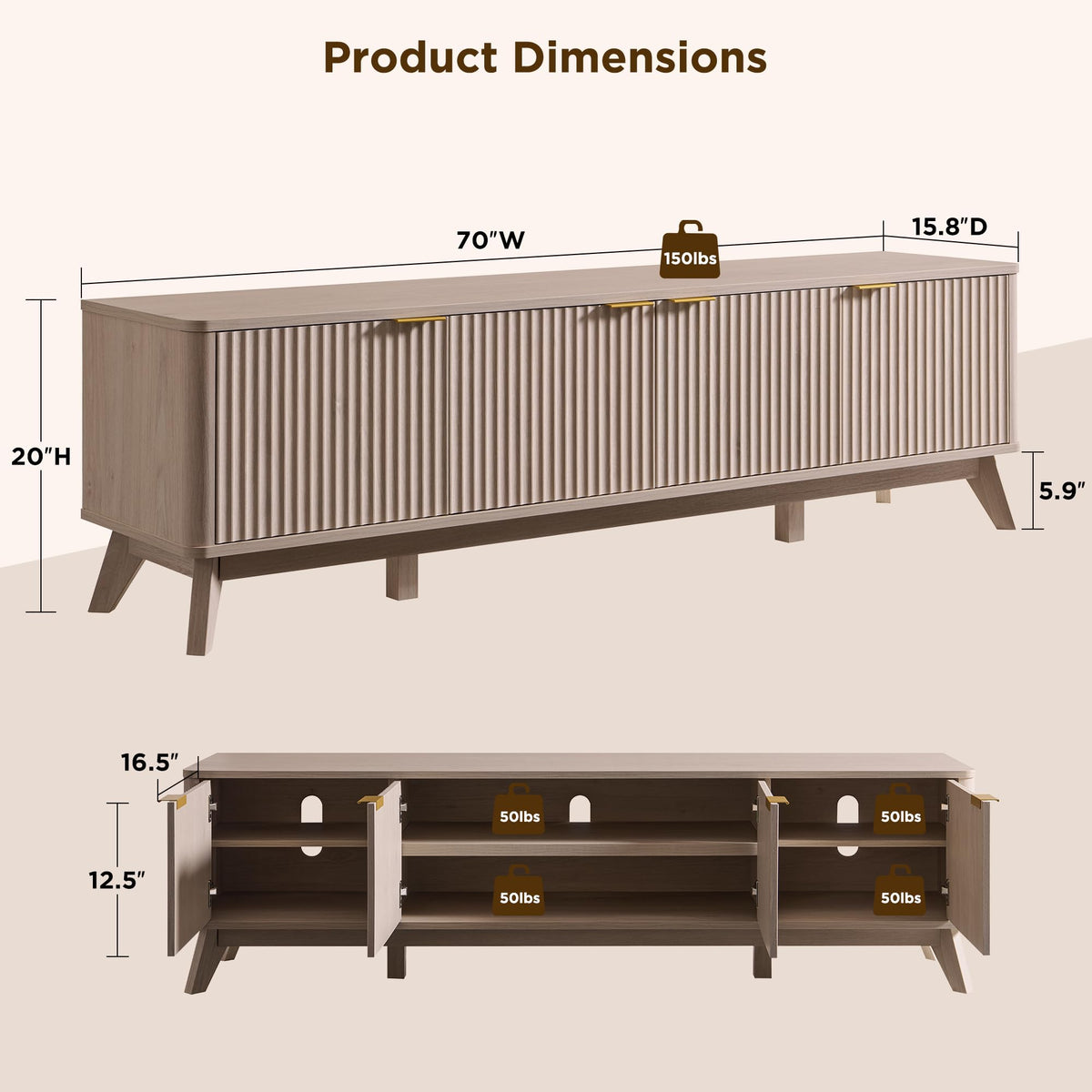 OKD 70" Mid Century Modern Fluted TV Stand,4-Door Storage, White Alder