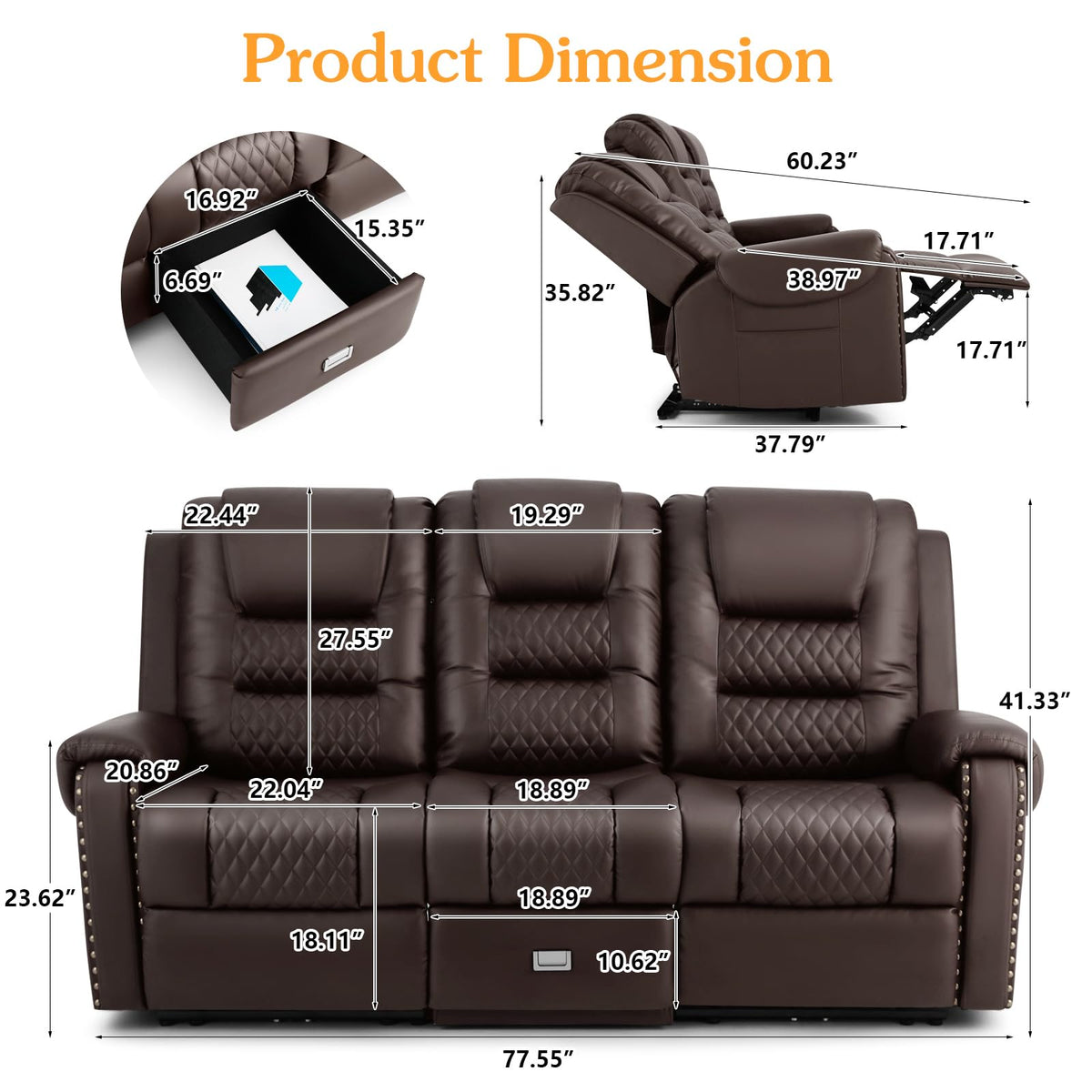 3 Seat Power Loveseat Recliner Sofa, Home Theater Seating with Massage Heat