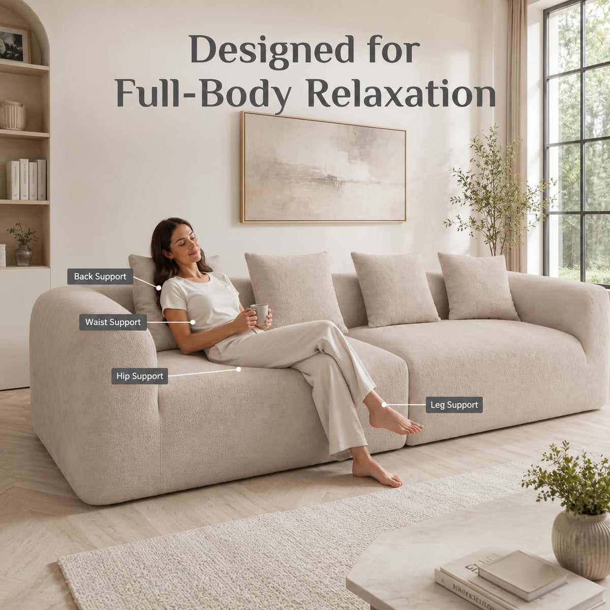 120" Curved Sofa Sectional Modern Boneless Cloud Couch, Light Brown