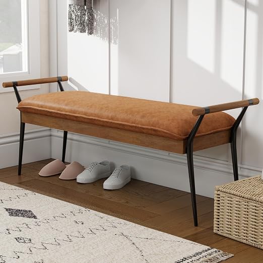 White Chenille Bench with Arms
