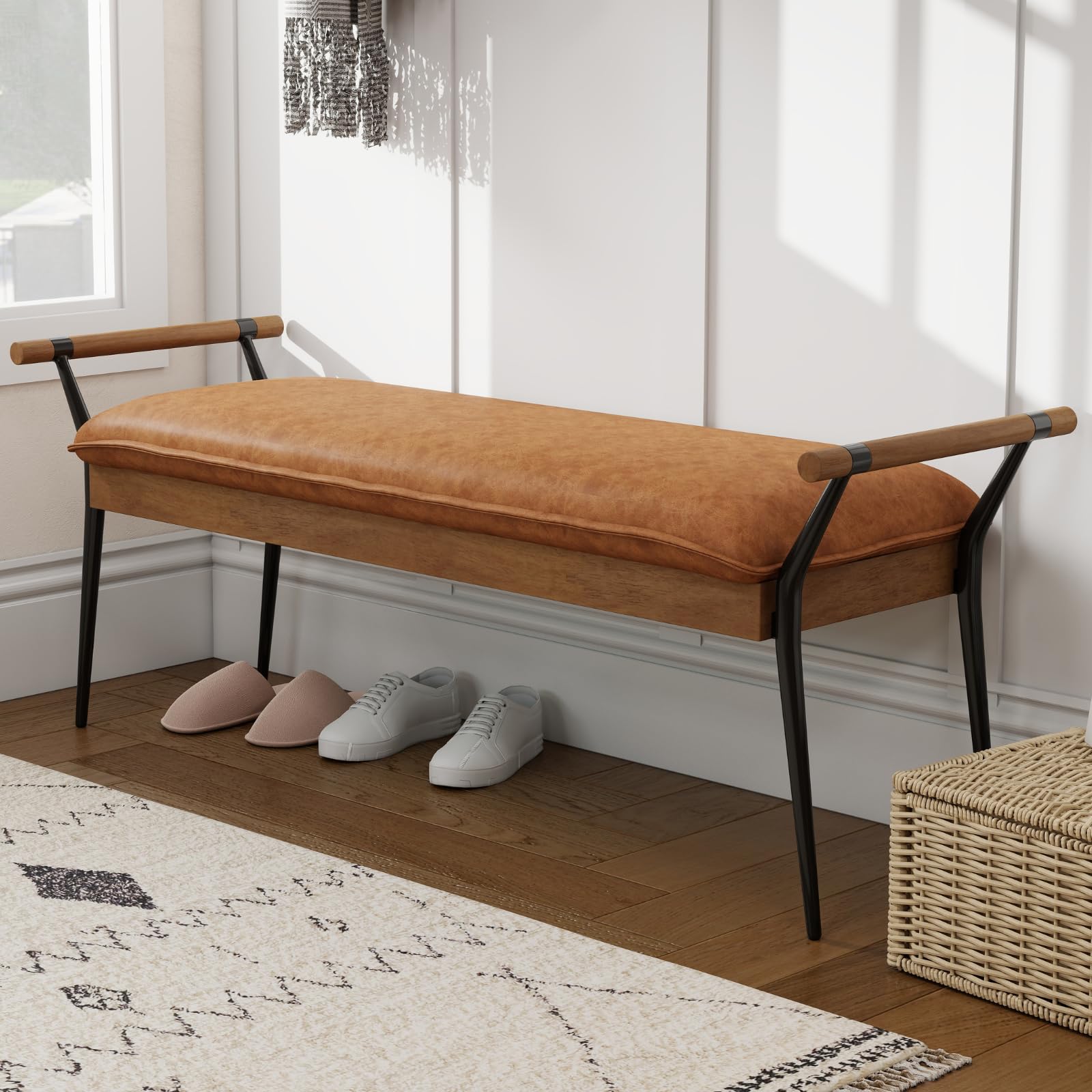 Upholstered Ottoman Bench with Arms & Metal Legs