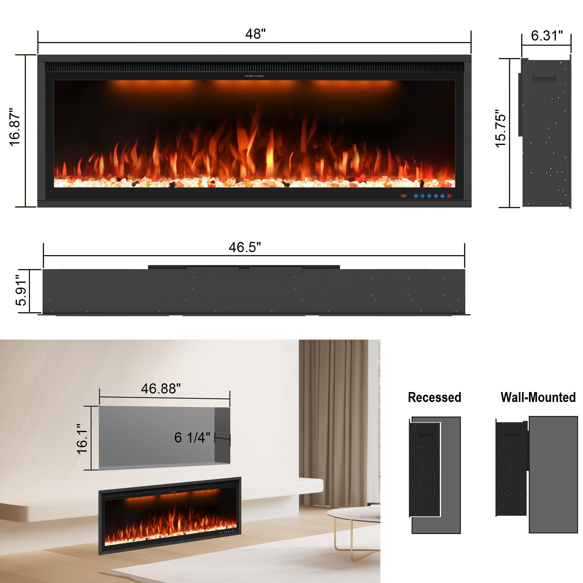 48" Smart Electric Fireplace Inserts, Slim Fireplace with APP & Alexa Control, Remote & Touch Panel, Adjustable Flame Colors & Fuel Bed Colors, Timer & Overheat Protection, 750W/1500W, Black