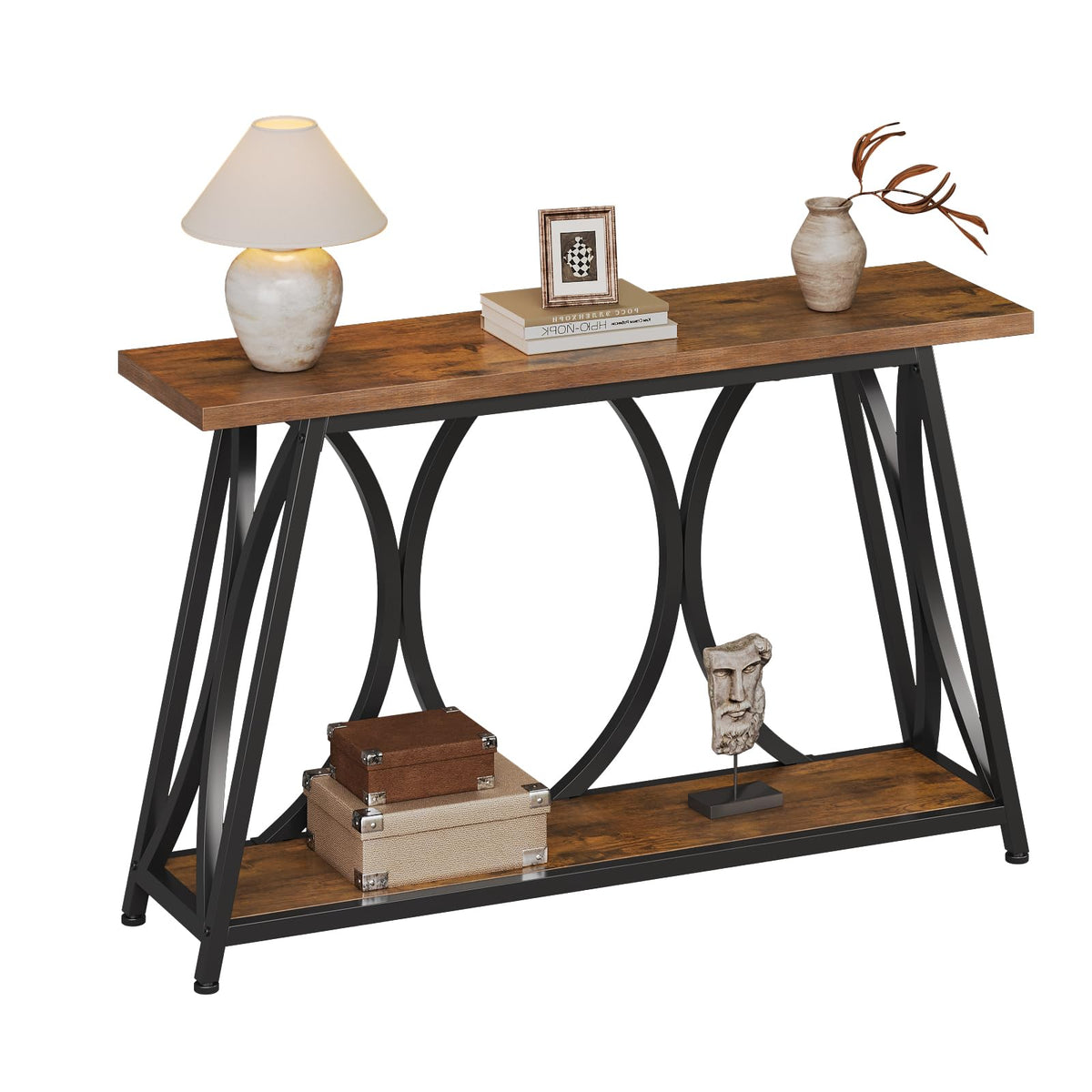 GiftGo 47.24" Entryway Console Table, Industrial Sofa Table Behind Couch with Shelves, 2 Tier Narrow Wood Accent Table with Metal Frame for Living Room, Entrance, Hallway, Foyer, Rustic Brown