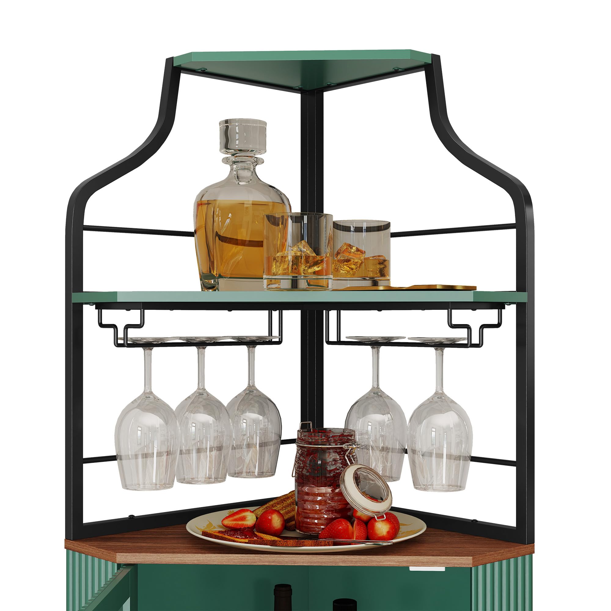 ARTPOWER Corner Bar Cabinet with LED Strip, 4-Tiers Modern Corner Coffee Bar with Glass Holder, Fluted Tall Liquor Cabinet for Kitchen, Dining Room, Living Room, Green