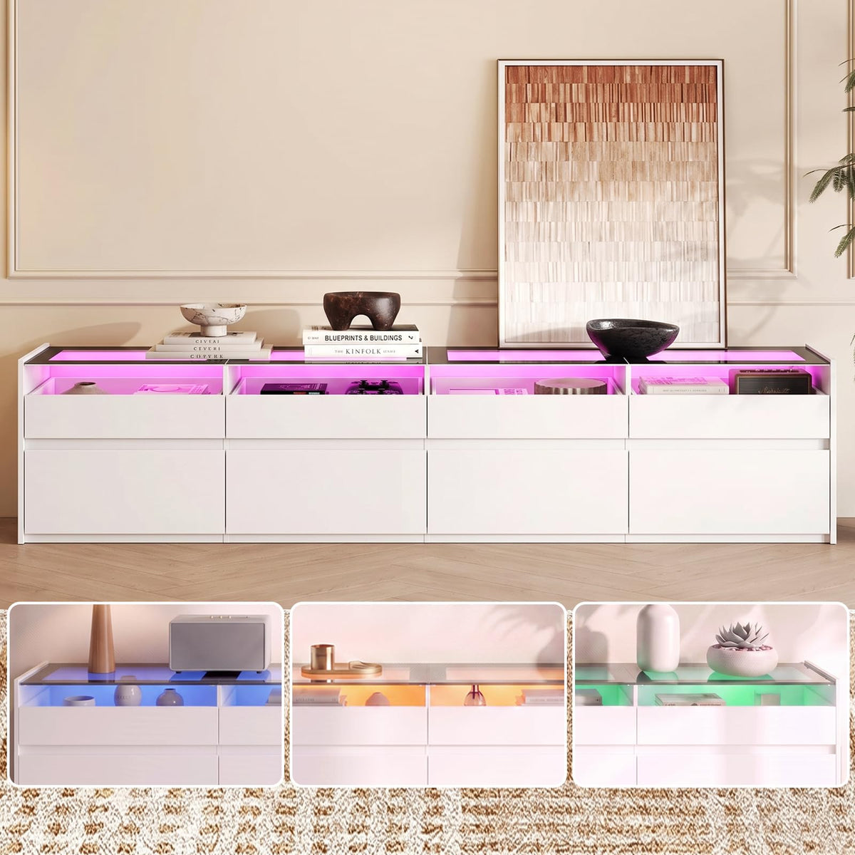 UANRBOA 94.5" TV Stands for Living Room, TV Console with LED Lights, White