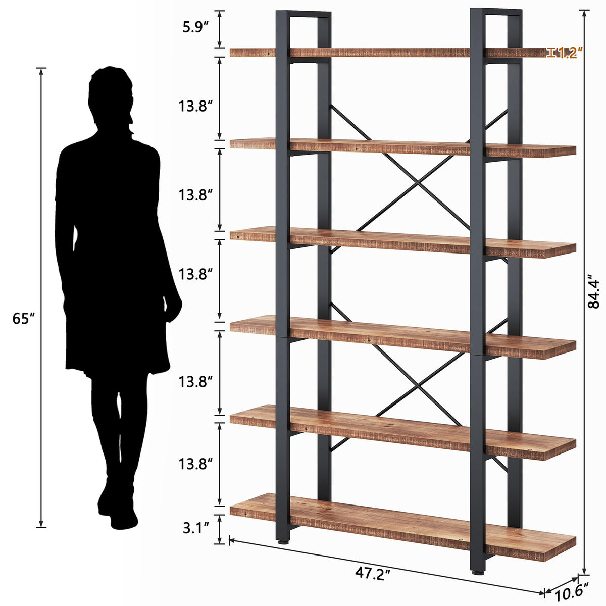 6-Tier Solid Wood Bookshelf
