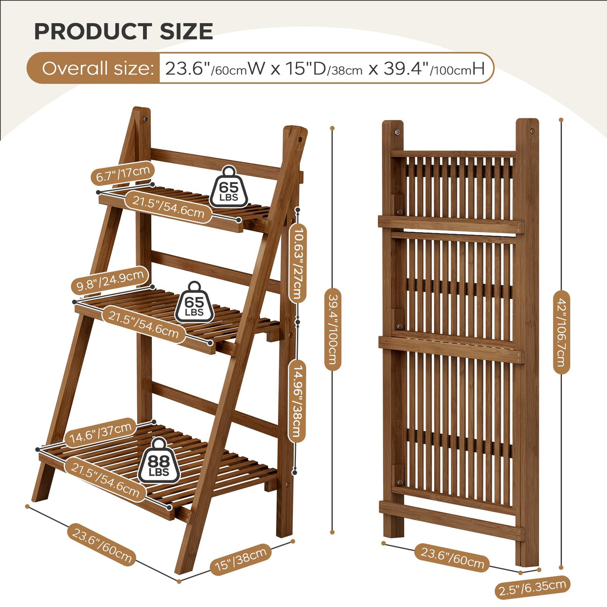 Ladder Shelf, Foldable Plant Shelf Stand, 3-Tier Bamboo Bookshelf, 39.4In
