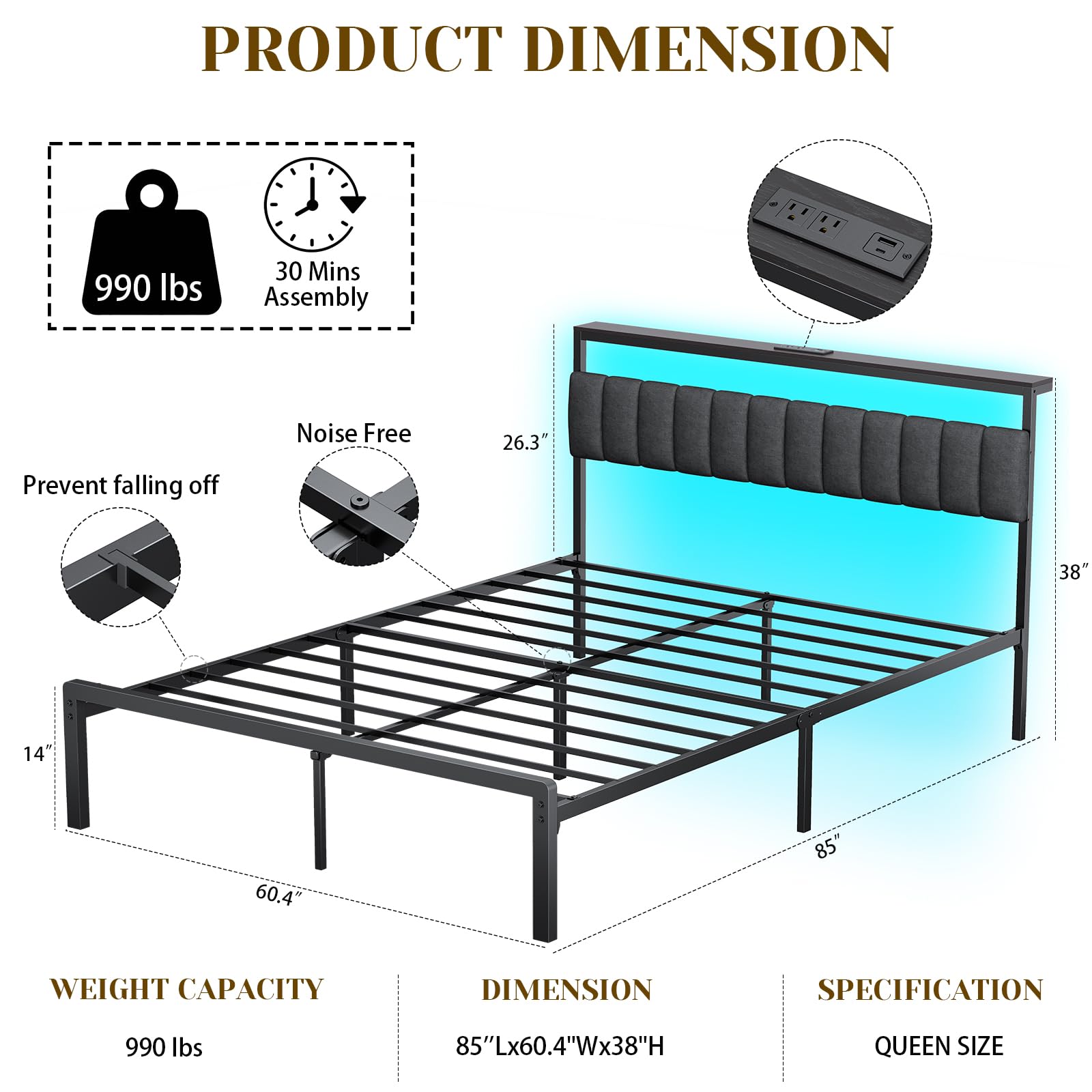 Woanke Queen Bed Frame no Box Spring Needed, Bed Queen Size with Headboard & Led Lights & Charging Station, Queen Metal Bed Frame, Queen Bed Frames Noise-Free/Assembly Easily, Black Bed Frame Queen