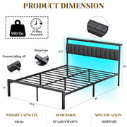Woanke Queen Bed Frame no Box Spring Needed, Bed Queen Size with Headboard & Led Lights & Charging Station, Queen Metal Bed Frame, Queen Bed Frames Noise-Free/Assembly Easily, Black Bed Frame Queen