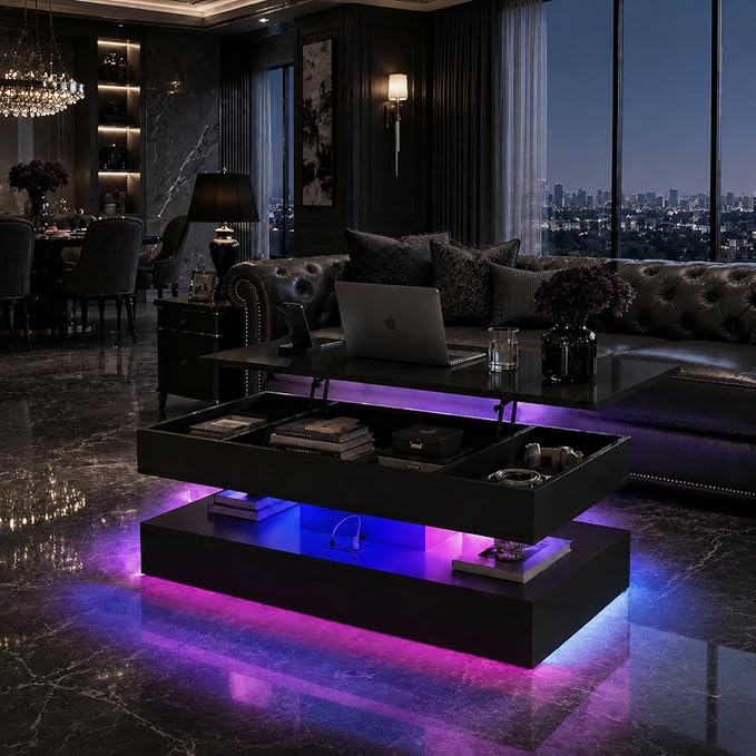 47" LED Lift Top Coffee Table with Sliding Drawers & LED Lighting