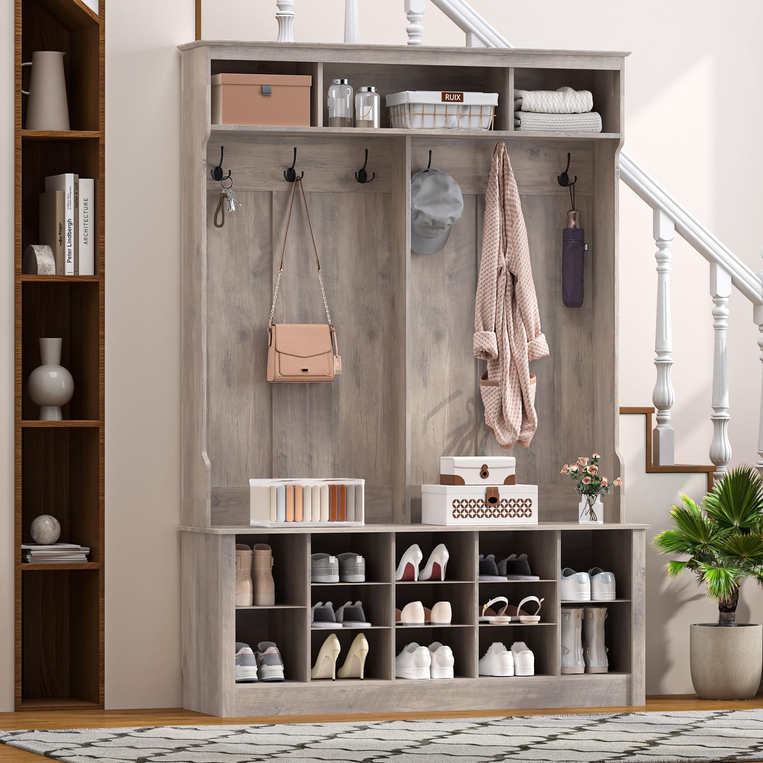 4-in-1 Farmhouse Hall Tree with Bench, 12 Shoe Cubbies & 6 Hooks