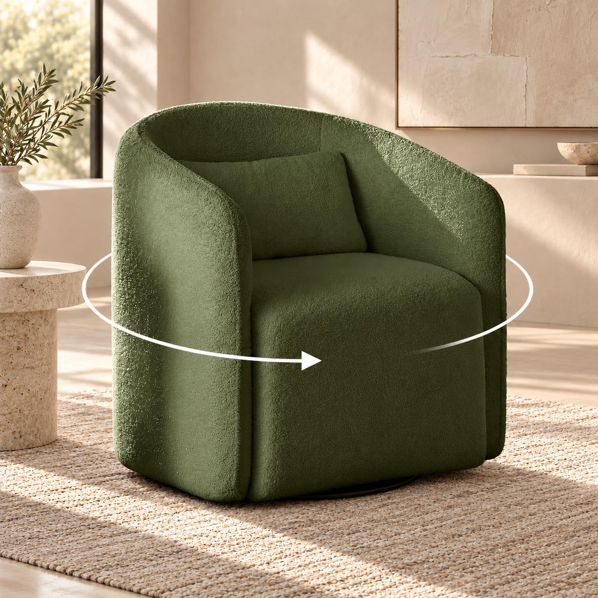 Oversized Boucle Swivel Chair with 82L Storage, Barrel Accent Chairs, Green