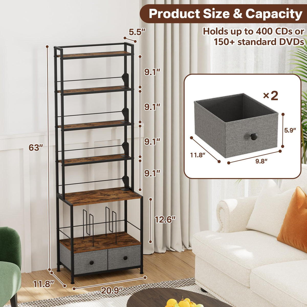 Epouseter 6-Tier DVD Shelf, Vinyl Record Storage Rack with Drawers