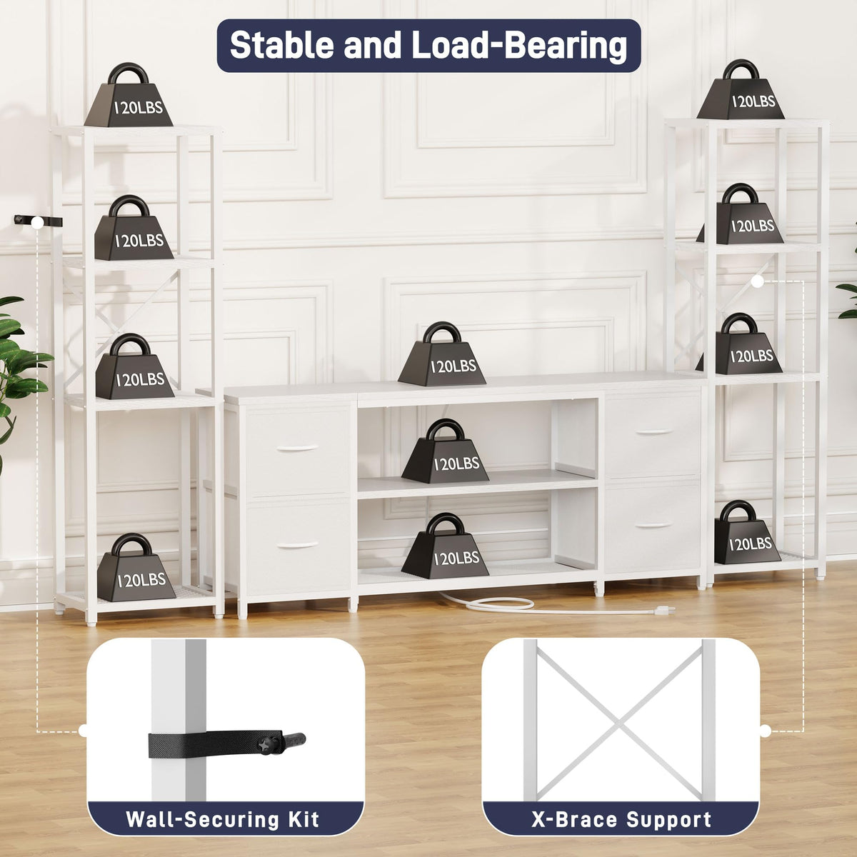 LED TV Stand Entertainment Center Bookshelf Combo with Charging Station