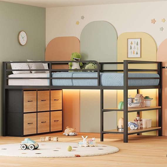 Kids Twin Low Loft Bed with LED Lights & Storage