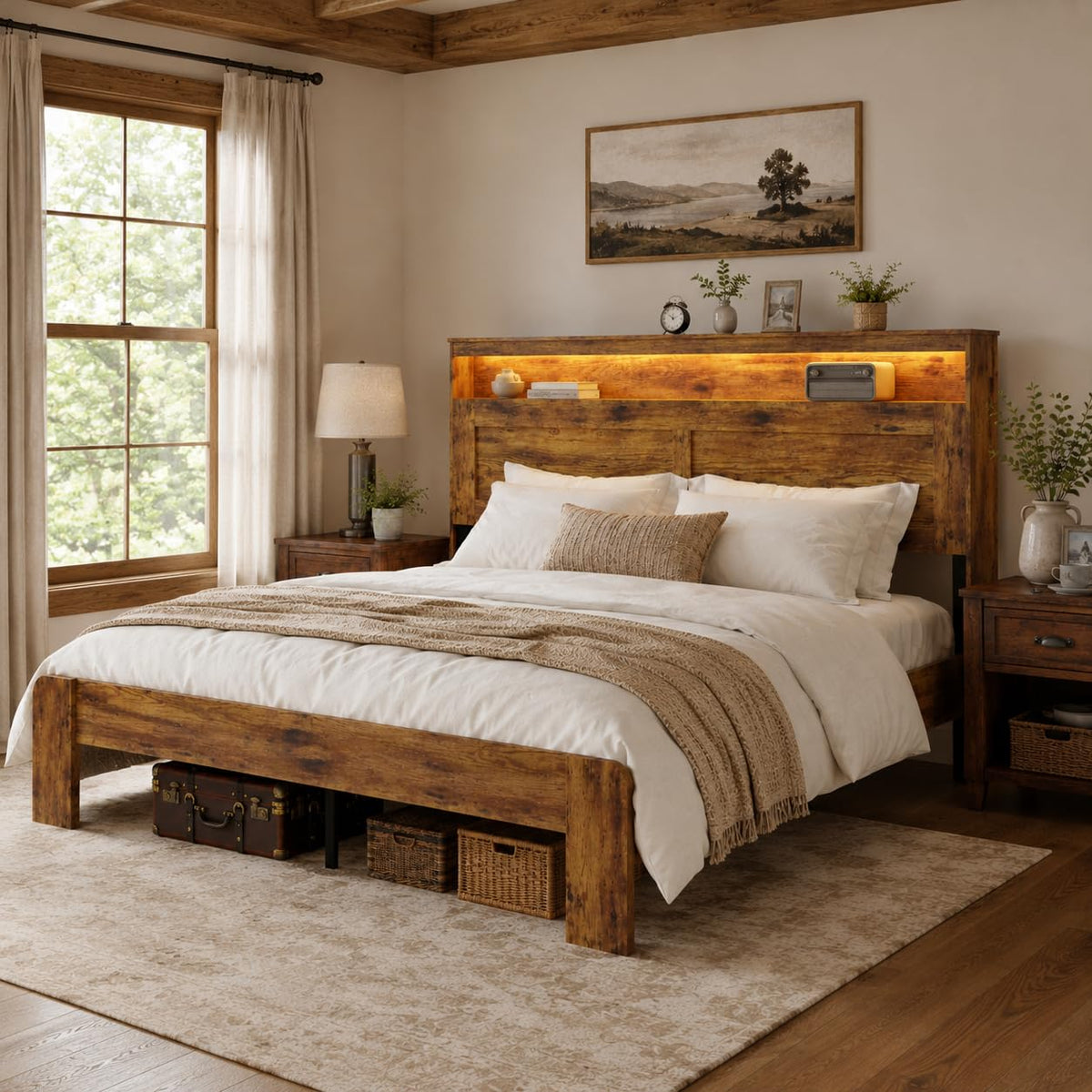 madeslves Wooden Bed Frame Queen Size with Storage Headboard, Brown