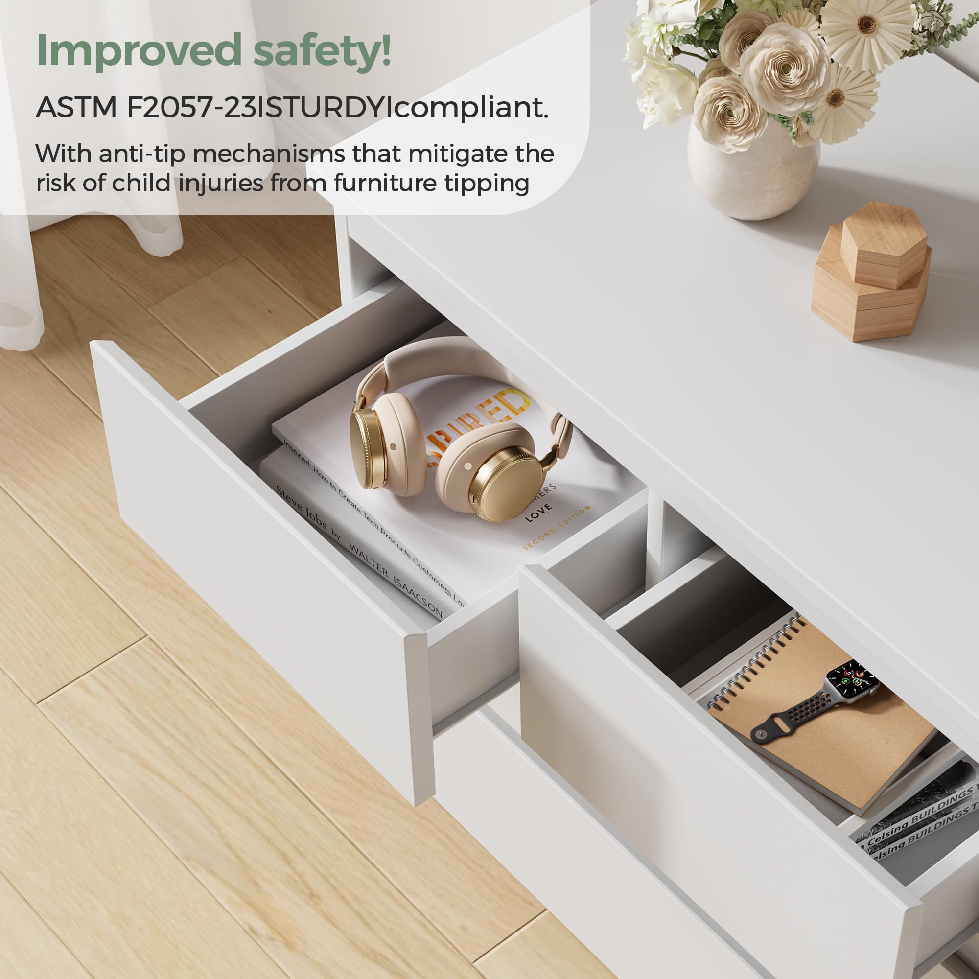 Orgobysol 6 Drawer Double Dresser for Bedroom, Modern Simply Chest of Drawers, Wood Storage Dresser with Anti-Tipping for Living Room Hallway Entryway, Nursy White (15.3" D x 47.2" W x 32.3" H)